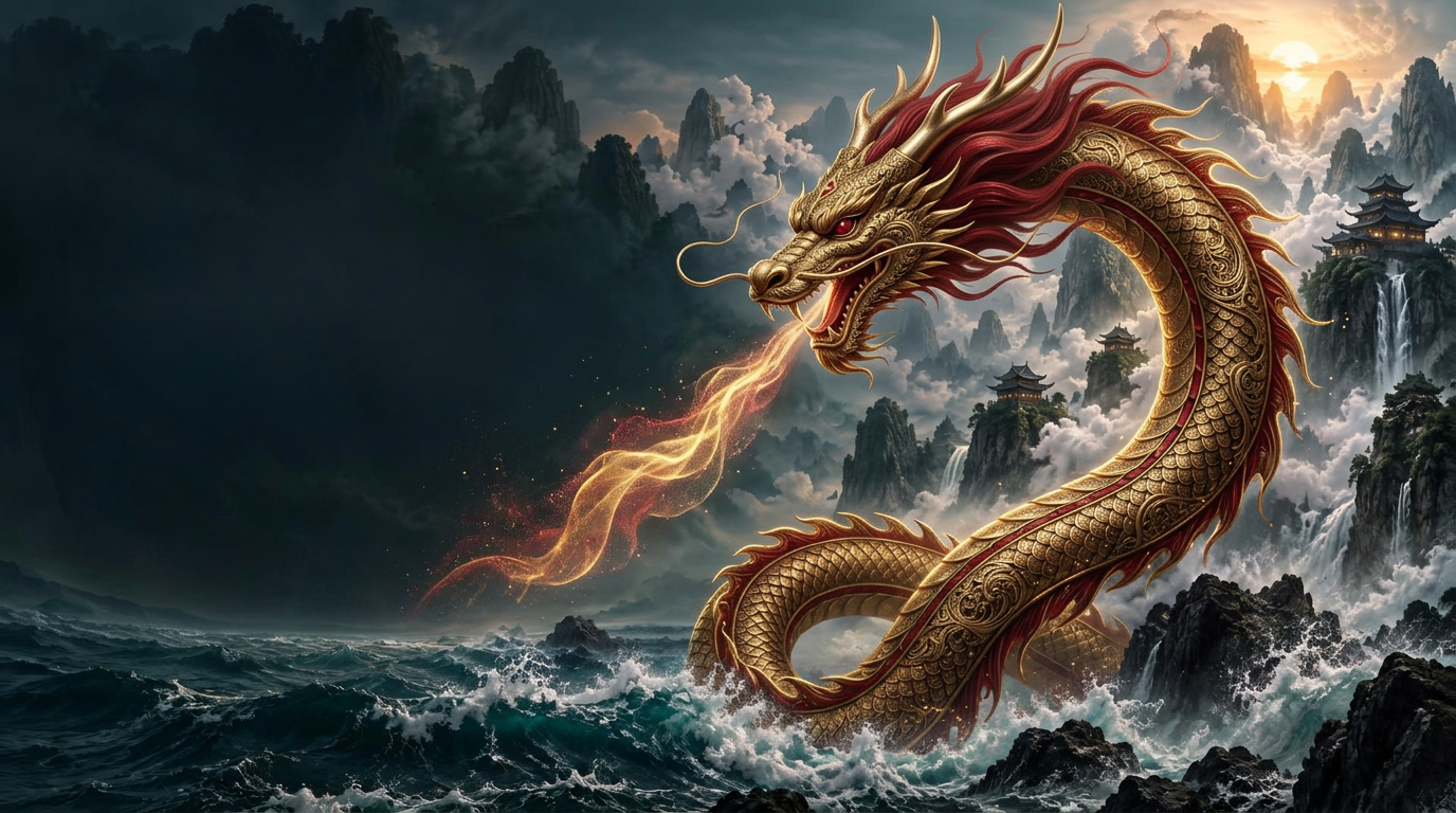 A golden and crimson Chinese dragon winding through misty mountain peaks