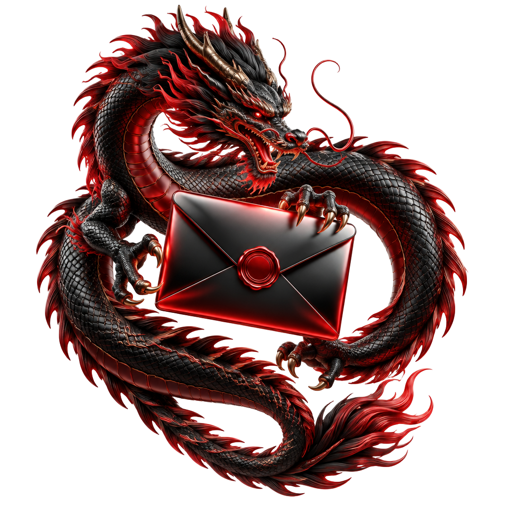 A red dragon encircling a floating email envelope