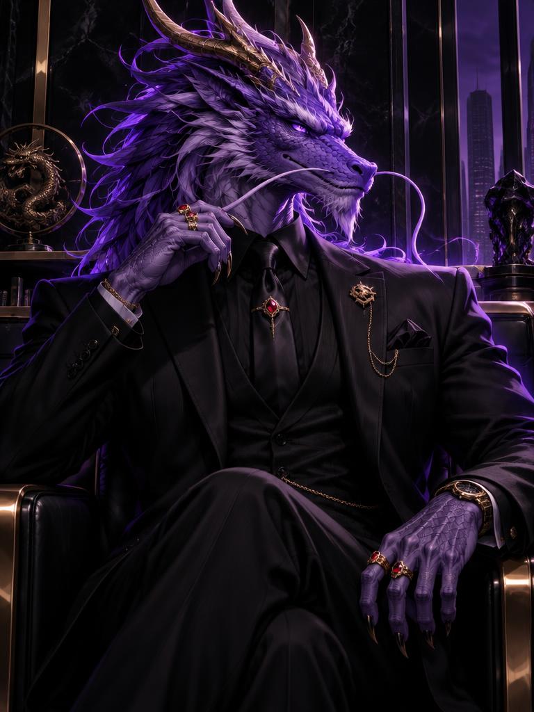 Anime portrait of the director in a black suit with a violet dragon head